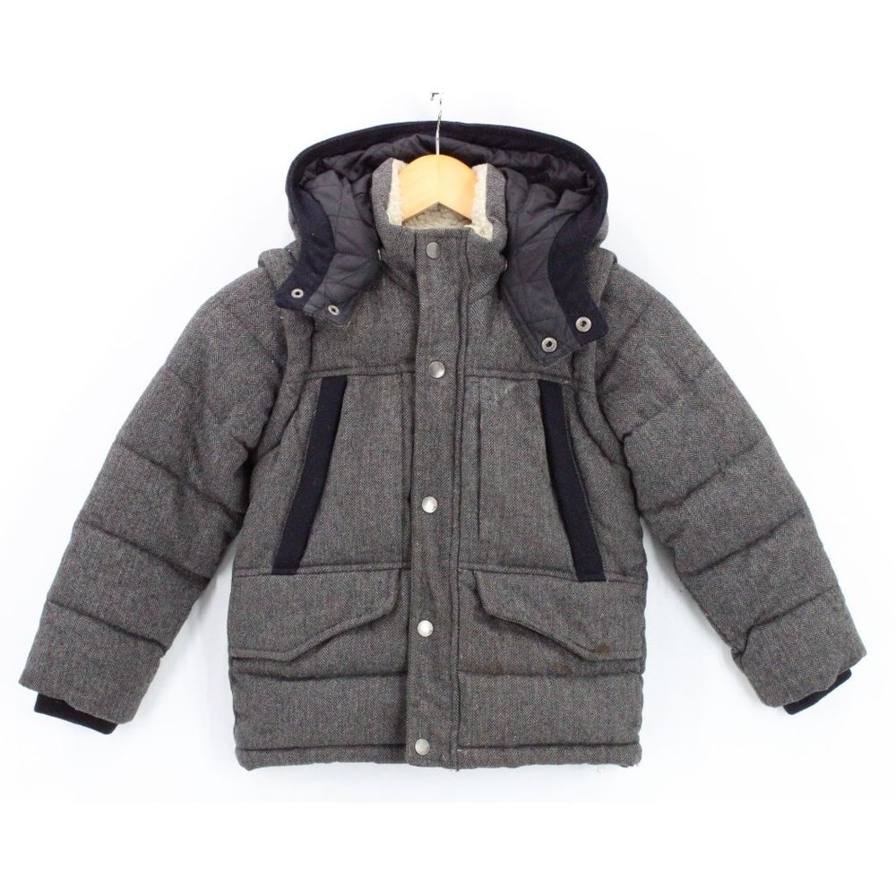 Zara Quilted Jacket Boys Kids Gray Puffer Long Sleeve Hooded Size 5-6